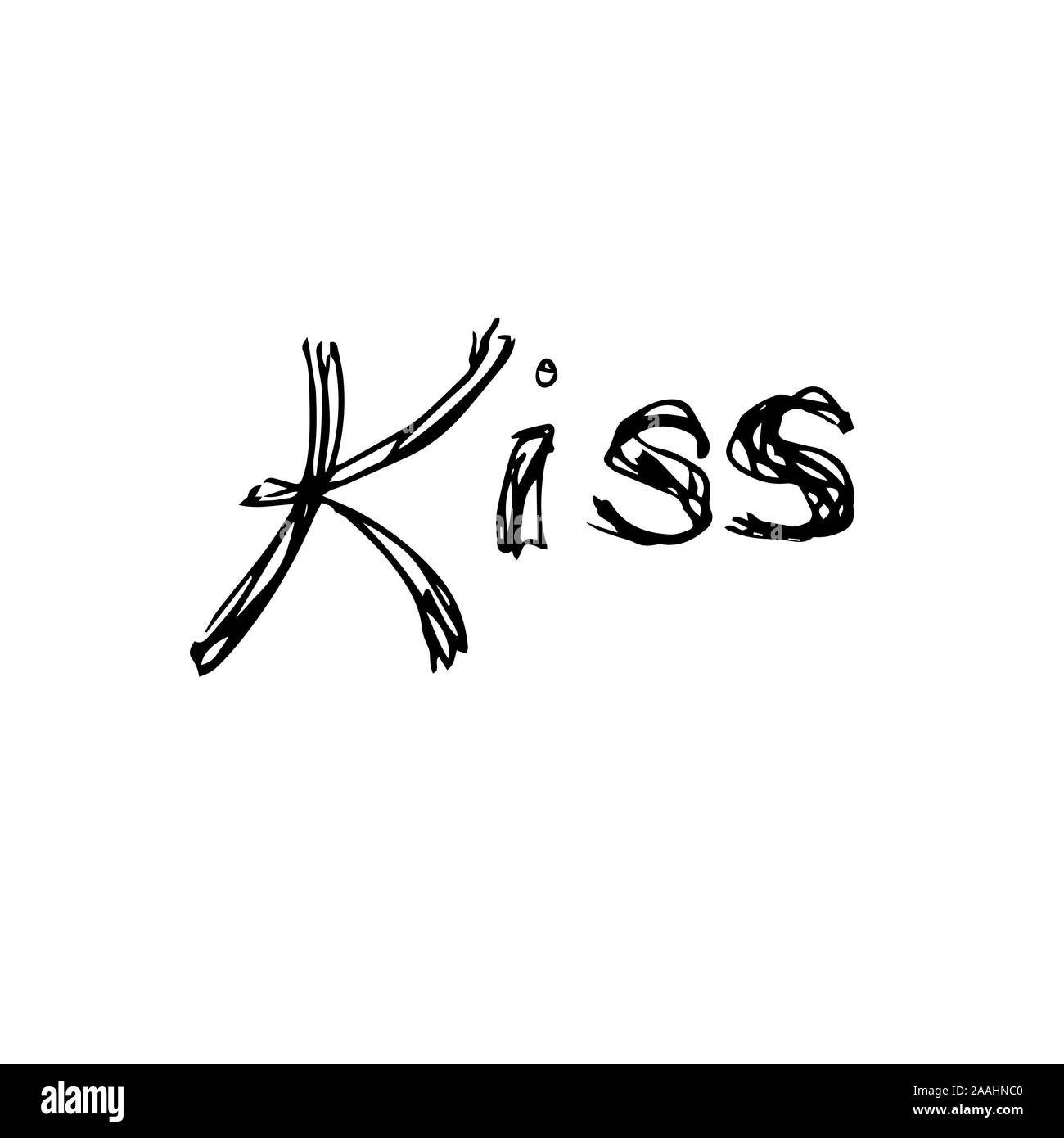 Parola Kiss. Disegno a mano schizzo per il giorno di San Valentino. Contorno nero possono essere stampati su prodotti tessili, carta da parati, la carta di avvolgimento, biglietti di auguri, utilizzato nel logo, banner, pagina di atterraggio. Illustrazione Vettoriale. EPS10 Illustrazione Vettoriale