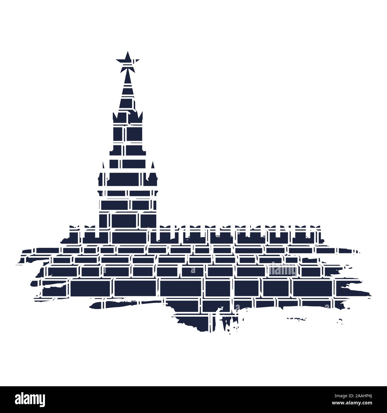 Torre Spasskaya del Cremlino e parte della parete a Mosca. Grunge pennello. Antico muro di mattoni texture Illustrazione Vettoriale