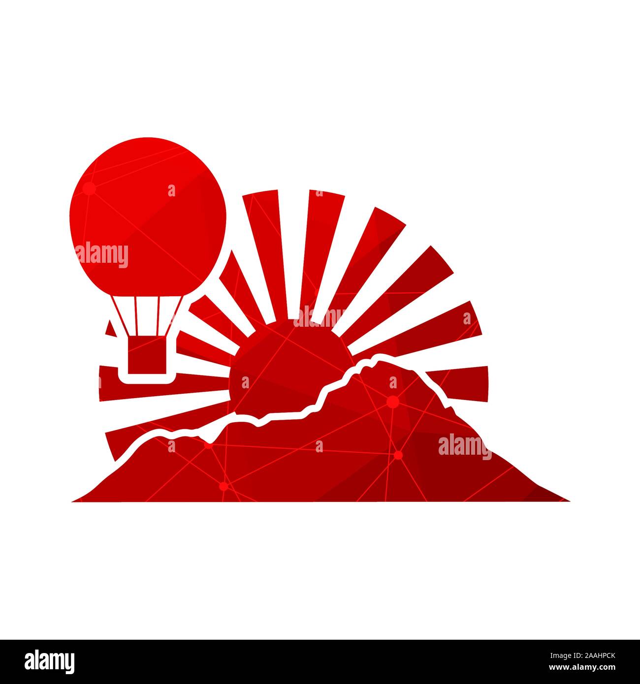 Silhouette di montagna. Minima emblema astratto modello. Icona esterna delle cime. Pallone aerostatico silhouettte. Linee collegate con punti. Illustrazione Vettoriale