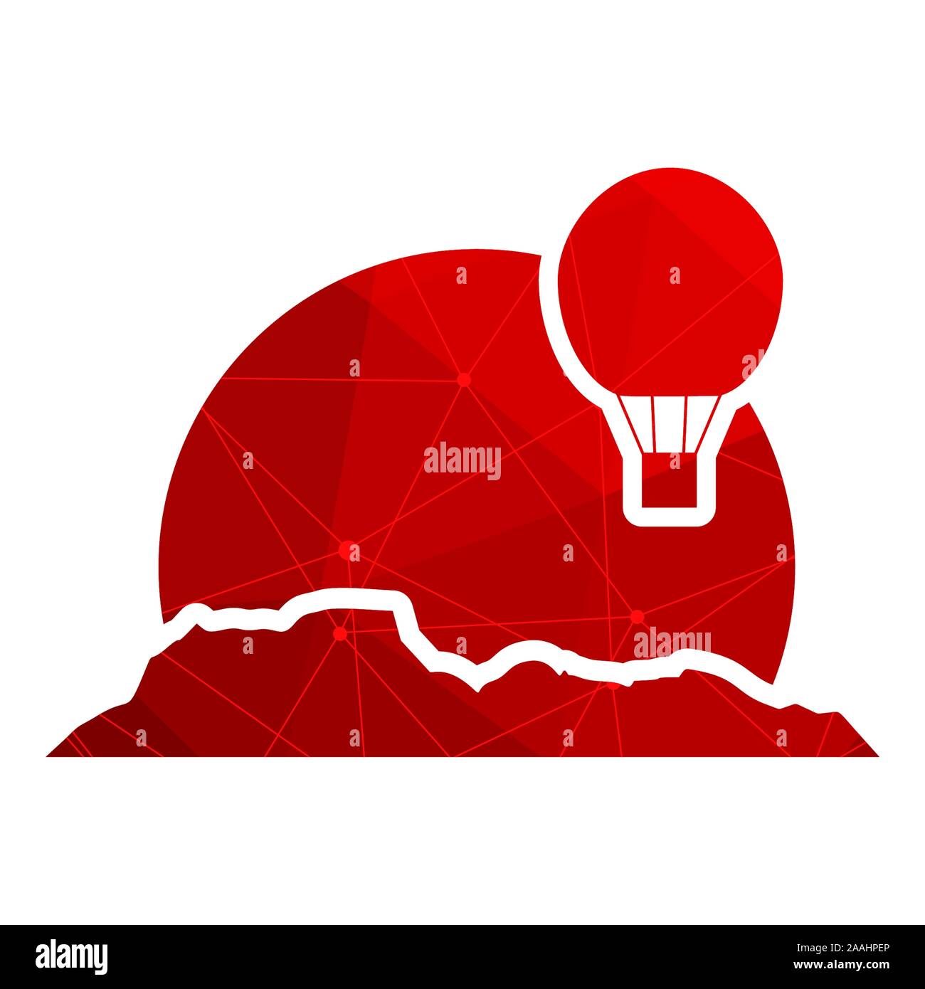 Silhouette di montagna. Minima emblema astratto modello. Icona esterna delle cime. Pallone aerostatico silhouettte. Linee collegate con punti. Illustrazione Vettoriale