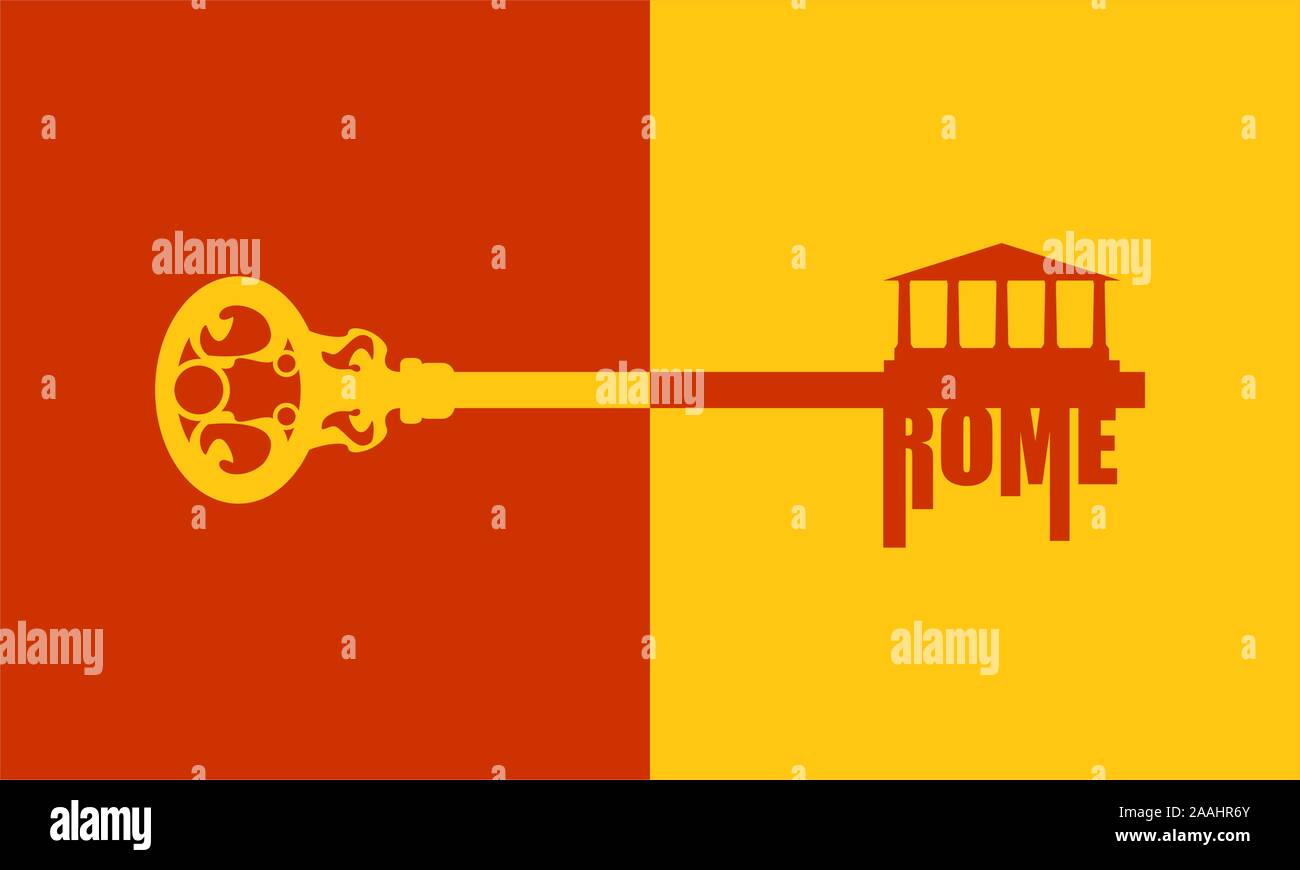 Modello di viaggio. Roma città nome testo con antico tempio silhouette. Design piatto stile illustrazione moderno concetto di un tasto di marcia. Illustrazione Vettoriale