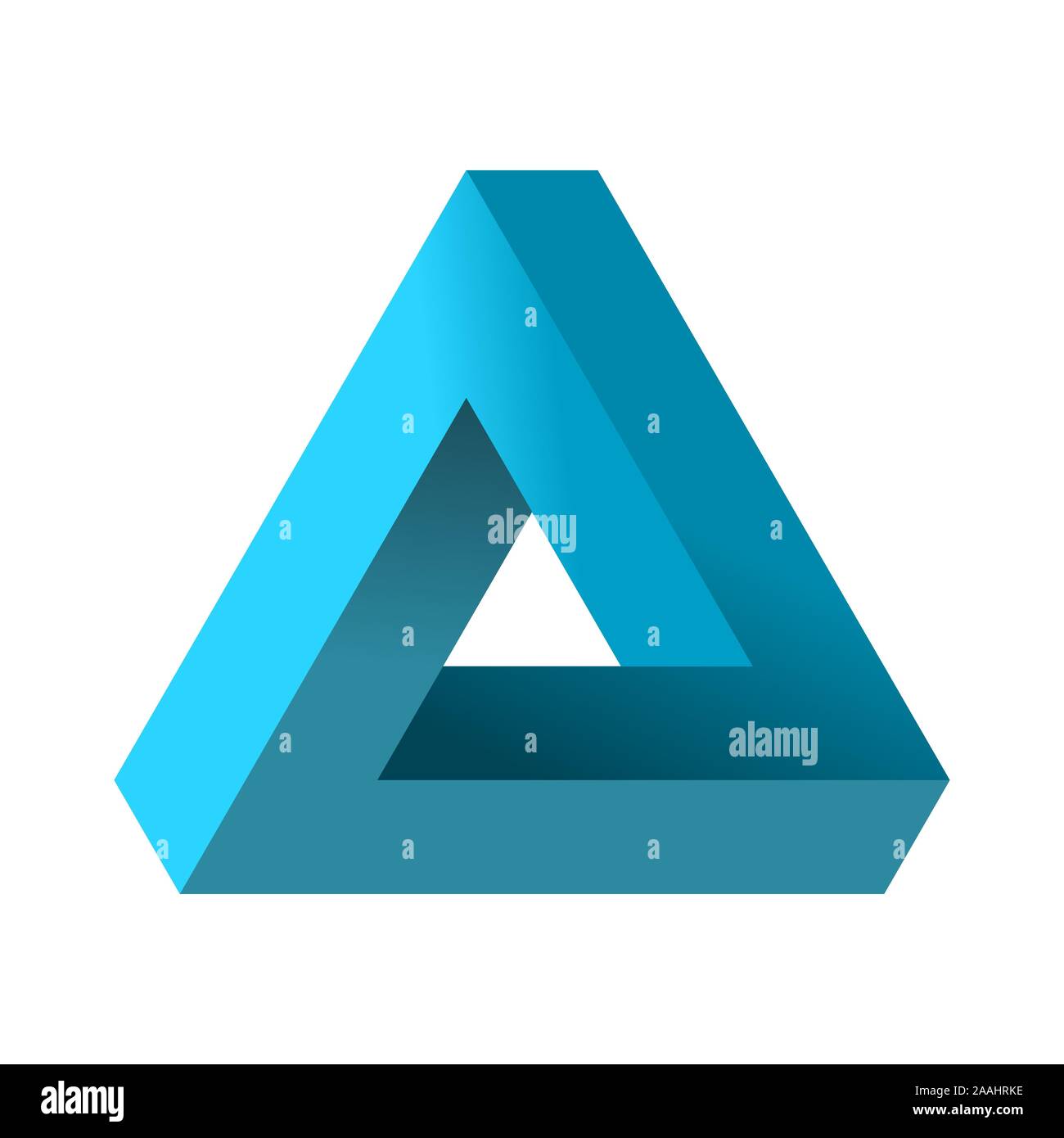 Il triangolo impossibile. Penrose illusione ottica. Gradiente blu infinito di forma triangolare. Infinito astratto oggetto geometrico. Impossibile figura eterna. Illustrazione Vettoriale