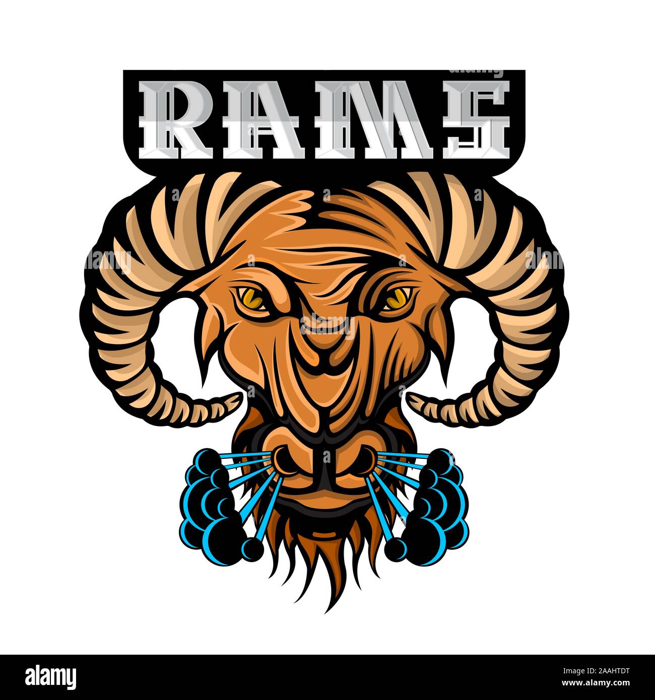 Faccia di Ram nel profilo con vapore dalle narici isolato su bianco. Logo per qualsiasi sport team o campionato Illustrazione Vettoriale