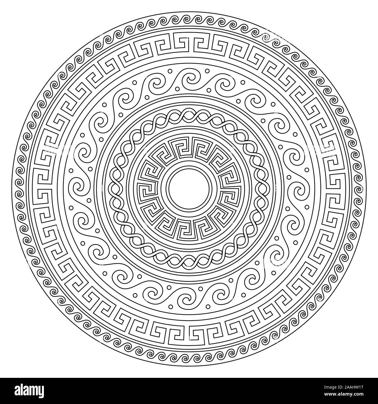 Il Greco antico chiave rotonda mandala pattern con corsa - meandro arte in bianco e nero perfetto per adulti libro da colorare Illustrazione Vettoriale