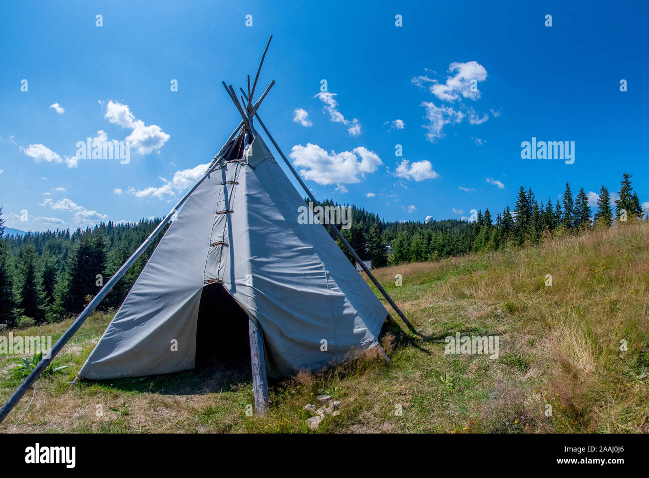 Un tepee (tende Tepee) tenda su un prato in montagna su un giorno d'estate. Boschi di pino in background. Foto Stock