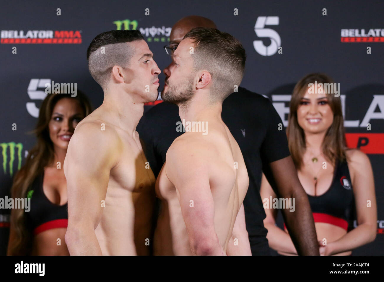Londra, Regno Unito. Il 22 novembre 2019. 150-LB Contractweight Fighters, Jeremy Petley e Tom Mearns face off a Bellator Londra: cerimoniali pesare-INS MVP vs. Melillo al Hilton London Wembley. Novembre 22, 2019 Dan-Cooke credito/Alamy Live News Foto Stock