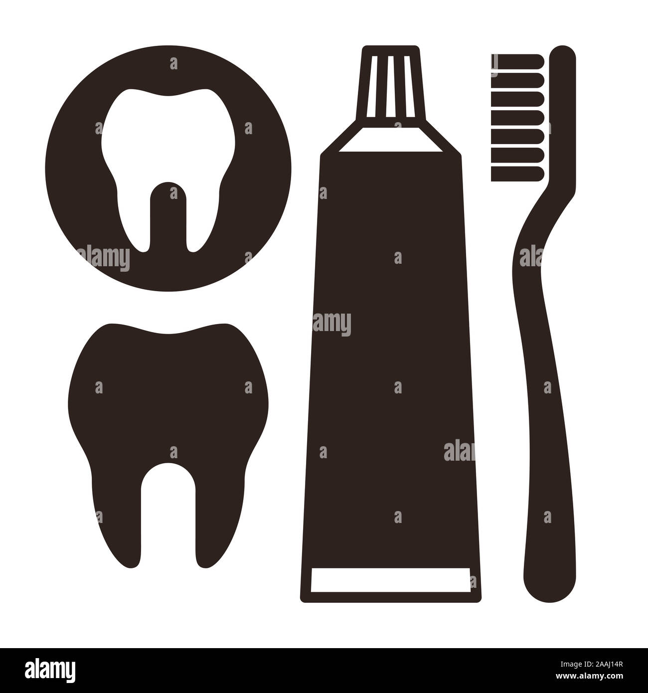 Spazzolino da denti, dentifricio e icona di dente. Dental simbolo set isolato su sfondo bianco Foto Stock