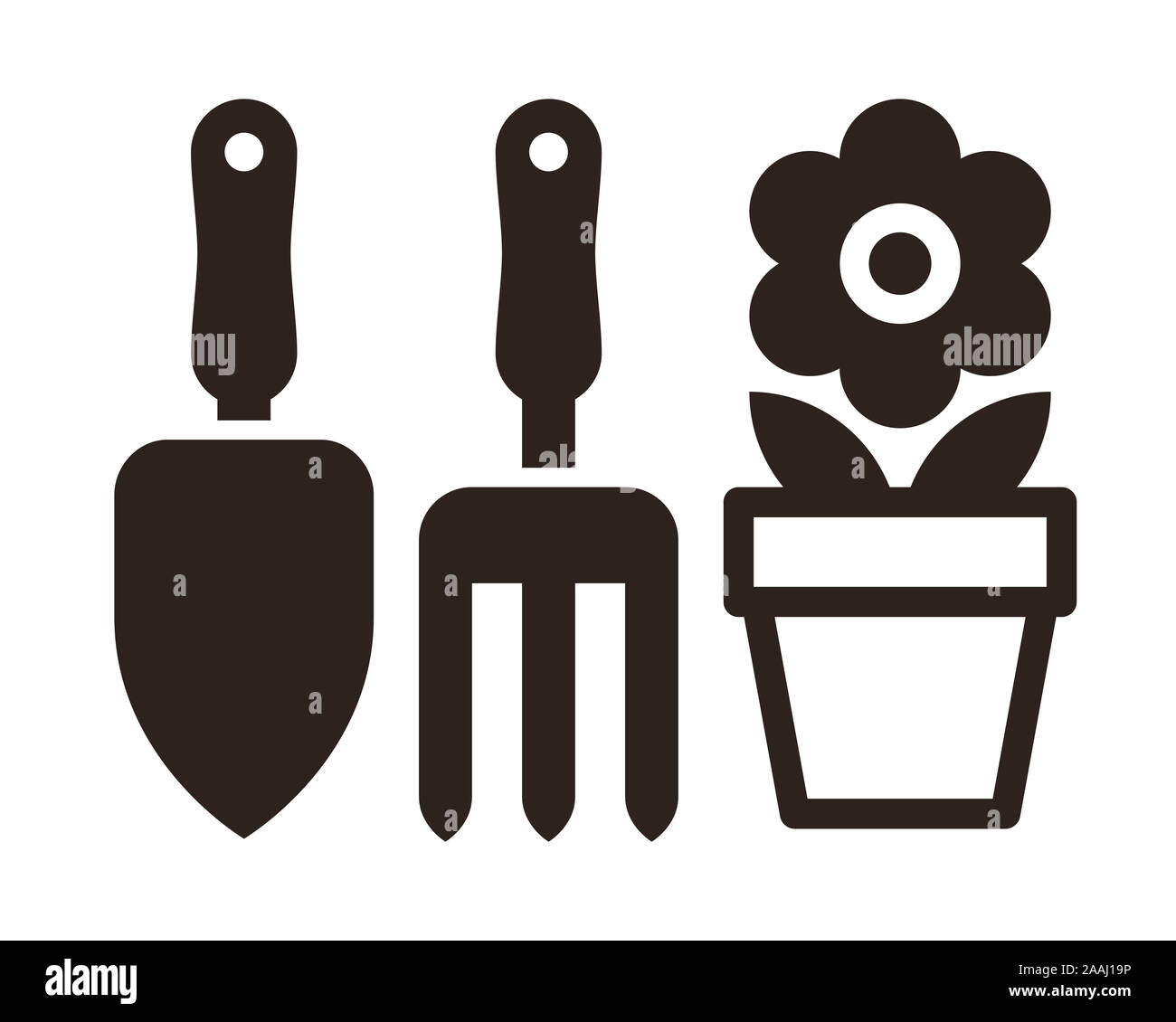 Utensili da giardinaggio e fiore icona pot isolati su sfondo bianco Foto Stock