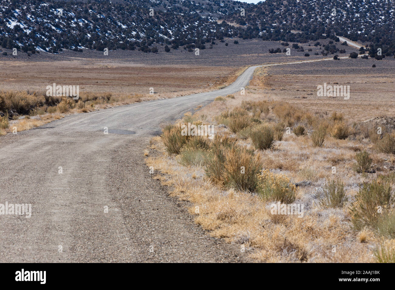 Un avvolgimento vuoto strada di ghiaia attraverso il deserto. Foto Stock