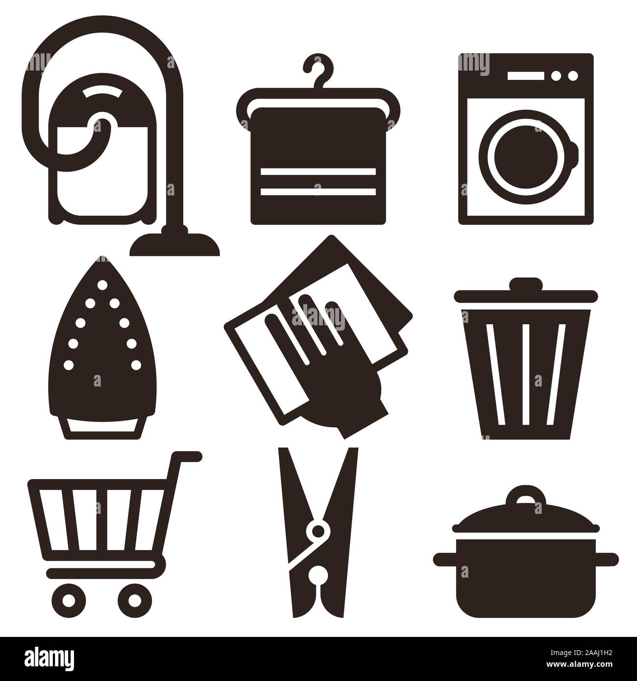Aspirapolvere, appendiabiti, Lavatrice, Ferro da stiro, eliminazione di polvere e spazzatura, carrello, vestiti Peg, cucina pentola Icon Set isolato su sfondo bianco Foto Stock