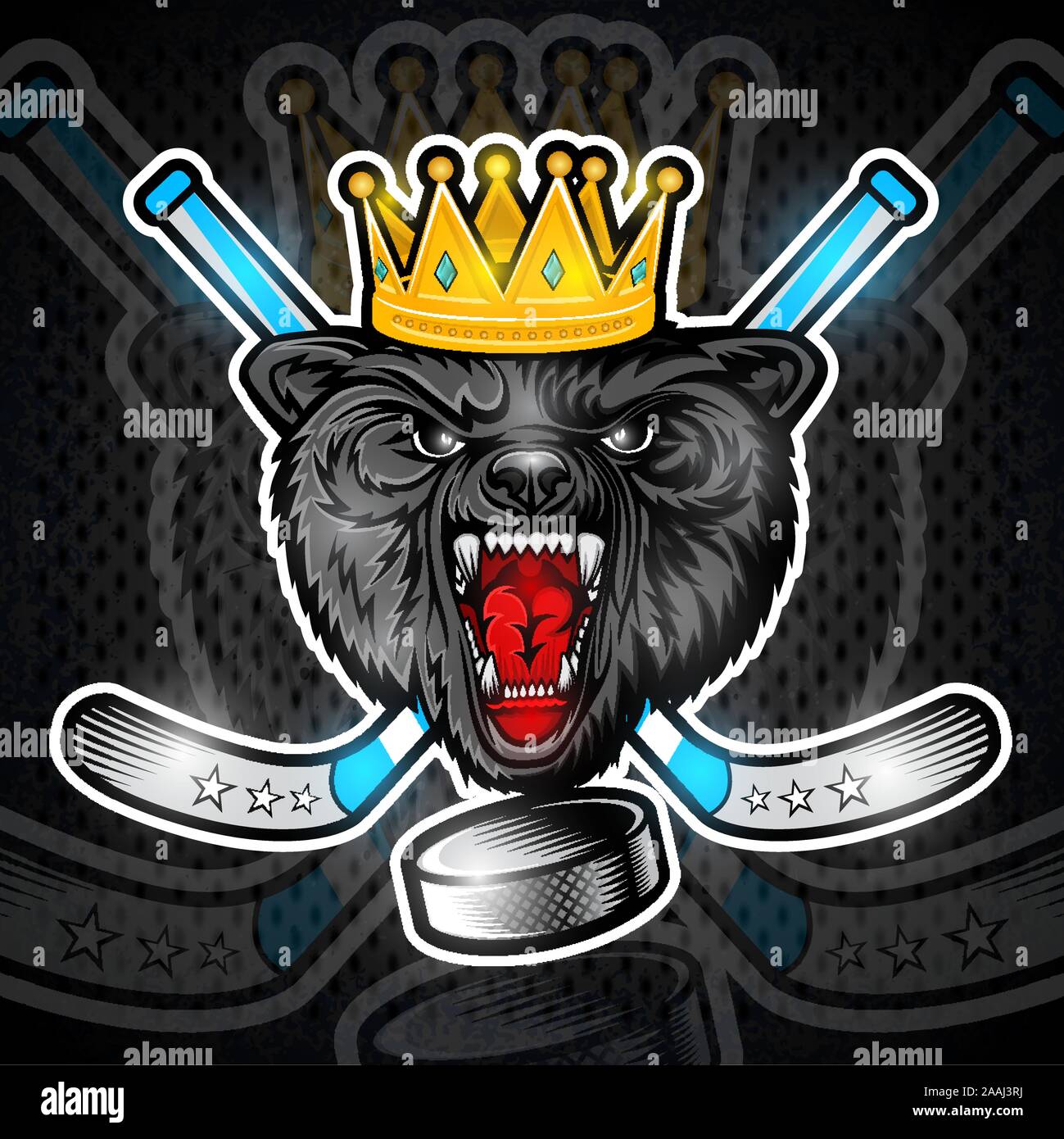 Bestia wolf volto dalla vista anteriore con disco da hockey e attraversato stick. Logo per qualsiasi sport team timberwolf Illustrazione Vettoriale