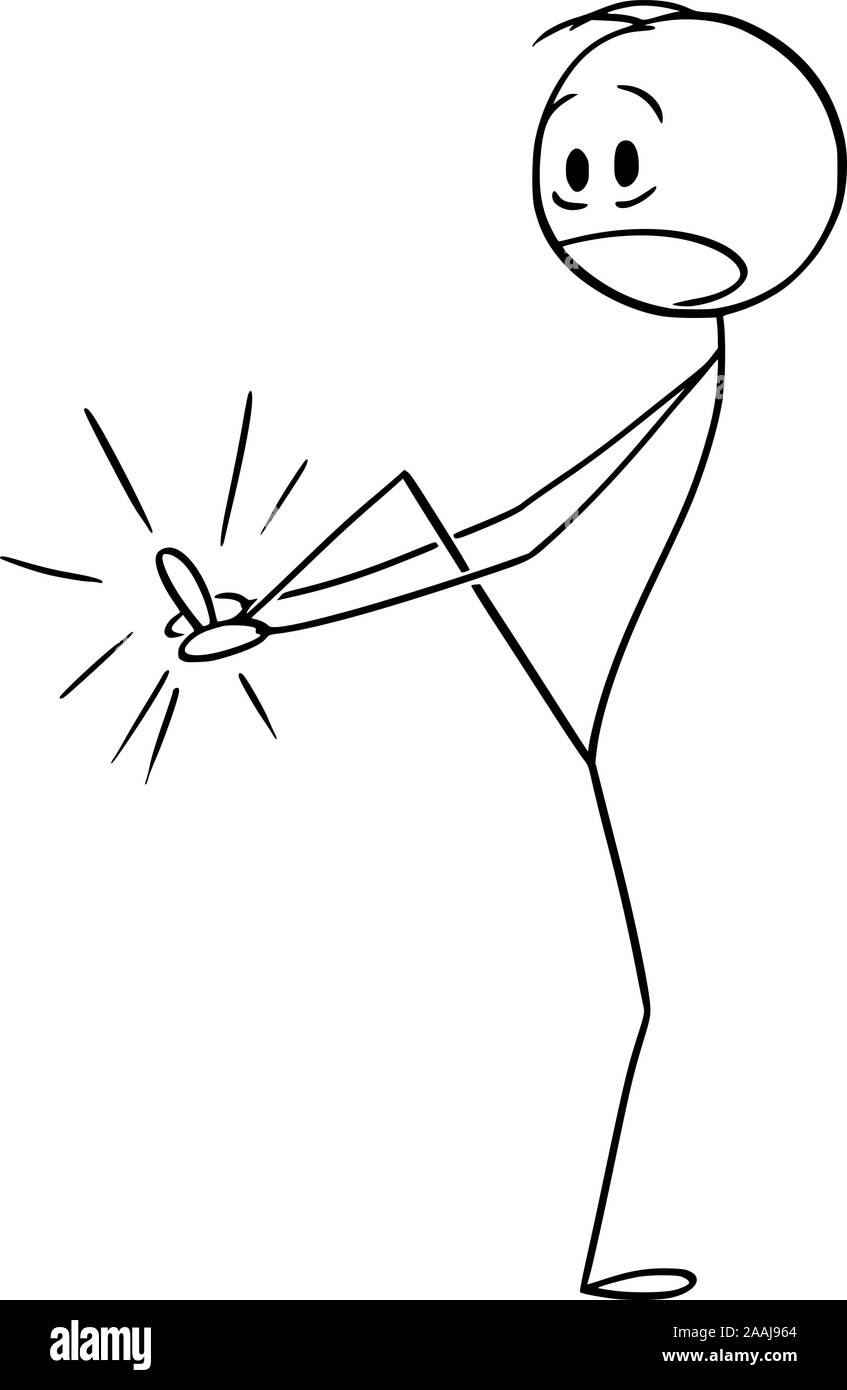Vector cartoon stick figura disegno illustrazione concettuale dell uomo che soffrono dolore e tenendo la sua ferita al piede. Illustrazione Vettoriale