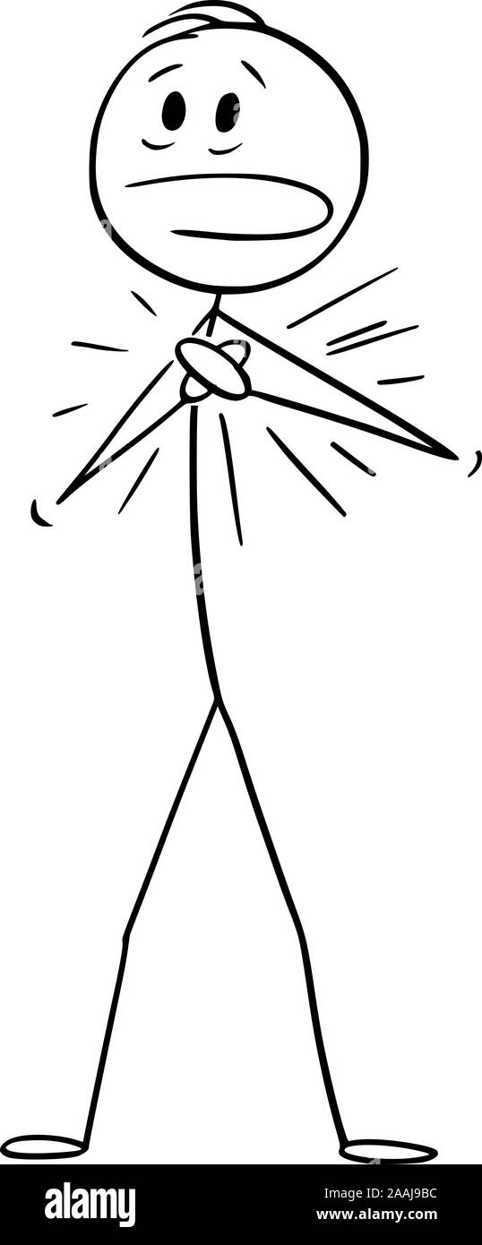 Vector cartoon stick figura disegno illustrazione concettuale dell uomo che soffre di attacco di cuore o dolore e tenendo premuto il suo petto o torace. Illustrazione Vettoriale