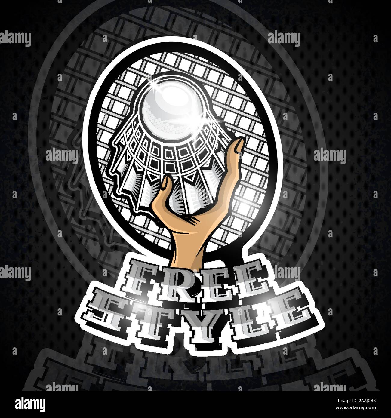 Volano con racket in centro e lo stile libero testo. Sport logo per qualsiasi team di badminton o campionato Illustrazione Vettoriale