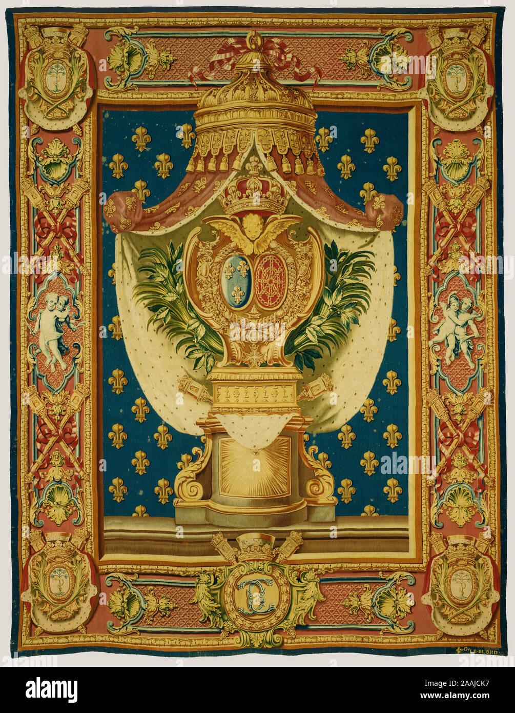 Arazzo: Chancellerie; eseguito da Etienne-Claude Le Blond (francese, circa 1700 - 1751), dopo disegni di Guy-Louis Vernansal (francese, 1648 - 1729), e dopo disegni di Claude Audran III (francese, prima di 1658 - 1734), Royal fabbrica di mobili alla corona alla Manifattura di Gobelins (Francese, fondata 1662 - presente); Gobelins, Francia; circa 1728 - 1730; lana e seta; moderno cinghie di biancheria e di rivestimento Foto Stock