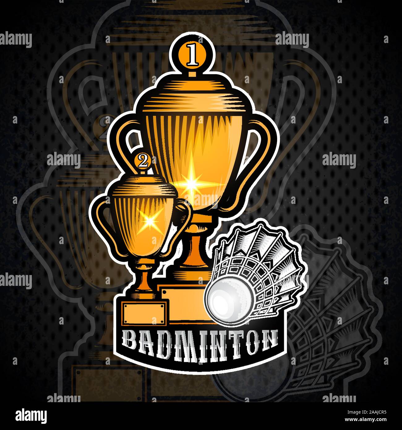 Due golden badminton le tazze con volanchik. Vector sport banner o emblema in stile cartoon Illustrazione Vettoriale