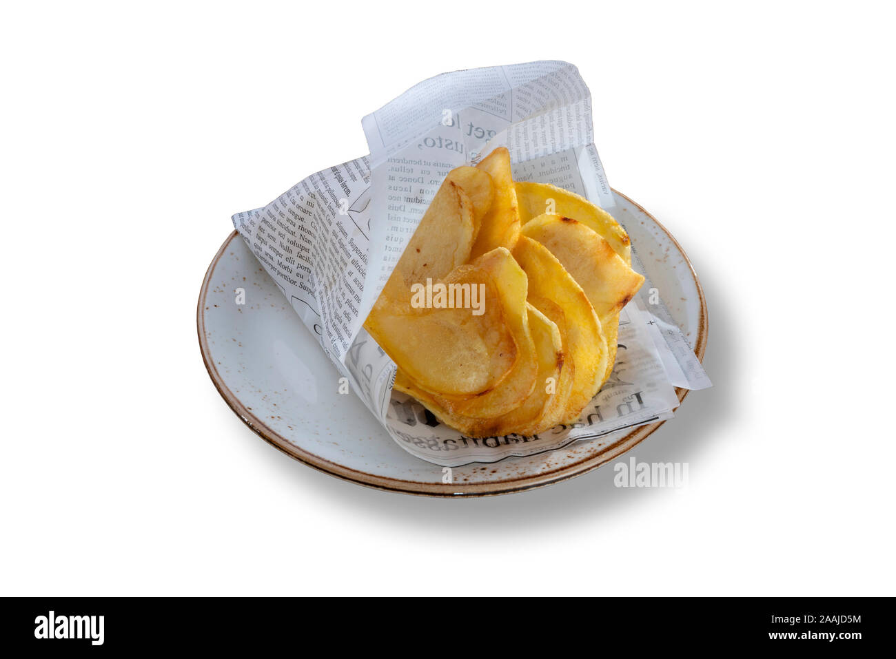 Deliziose patate chips con elegante vintage syle pacchetto di giornale Foto Stock