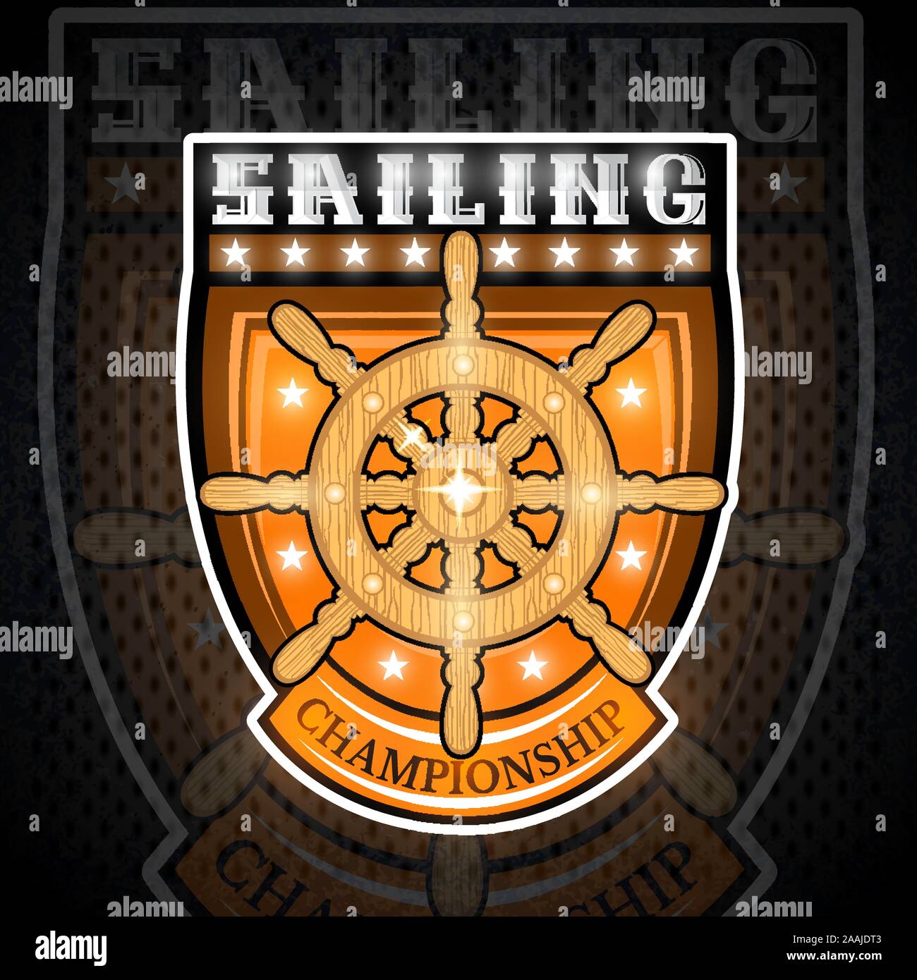 Volante in legno nel centro dello schermo. Sport logo per qualsiasi yachting o sailing team o campionato Illustrazione Vettoriale