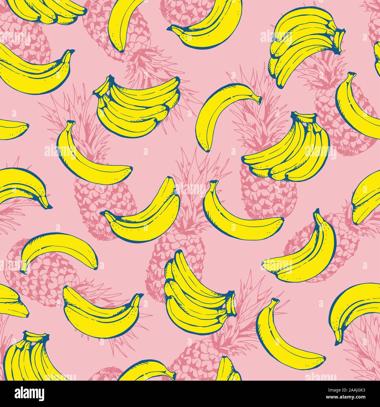 Frutti seamless pattern, sfondo vettoriale con ananas e banane, cibo, confezionamento, tessile Illustrazione Vettoriale