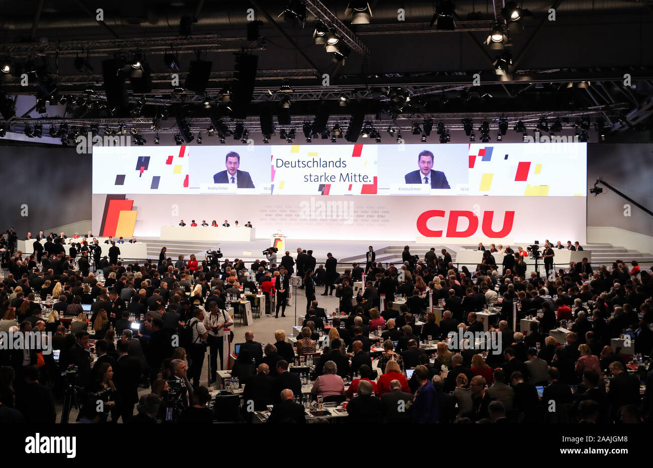 Leipzig, Germania. 22 Novembre, 2019. La foto mostra la scena della convenzione della Germania democratica cristiana europea (CDU) partito a Leipzig, Germania, nov. 22, 2019. Credito: Shan Yuqi/Xinhua/Alamy Live News Foto Stock