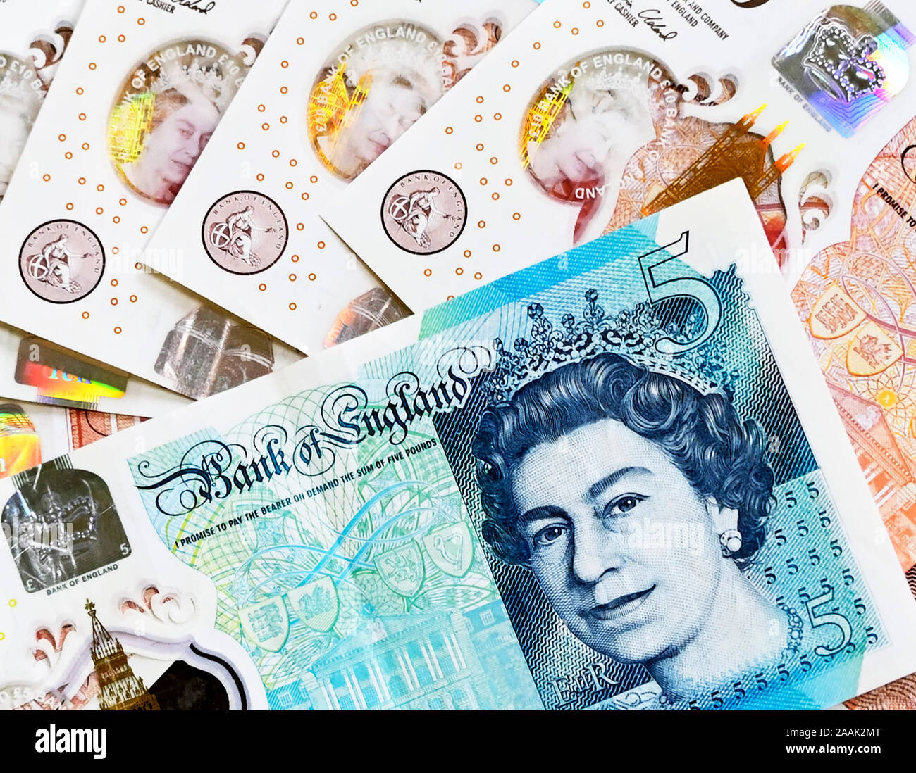 Banca d'Inghilterra £10, £5 note. Foto Stock