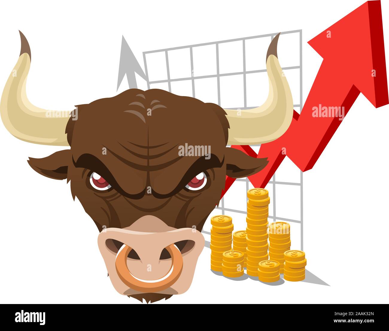 Bullish bull finanziare analisi economica grafico con rosse e frecce grigie e molte monete d'oro. Illustrazione Vettoriale. Illustrazione Vettoriale