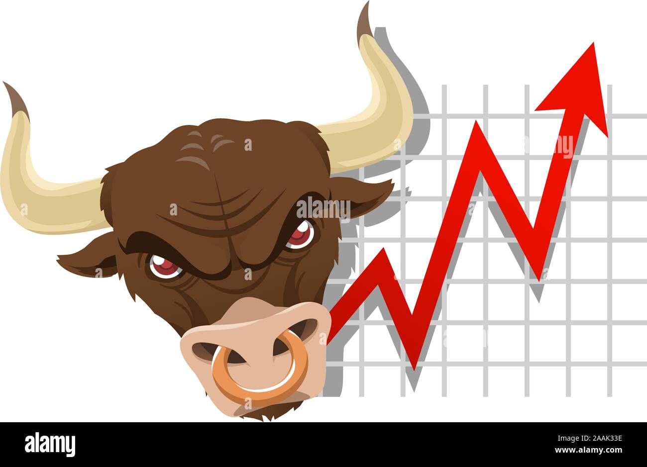 Bullish bull finanziare analisi economica grafico con rosse e frecce grigie e molte monete d'oro. Illustrazione Vettoriale. Illustrazione Vettoriale