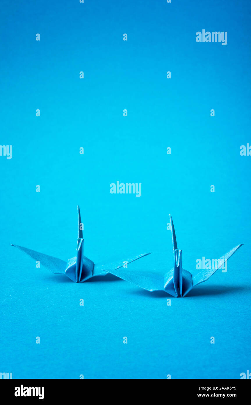 Due blu uccelli origami su uno sfondo blu Foto Stock