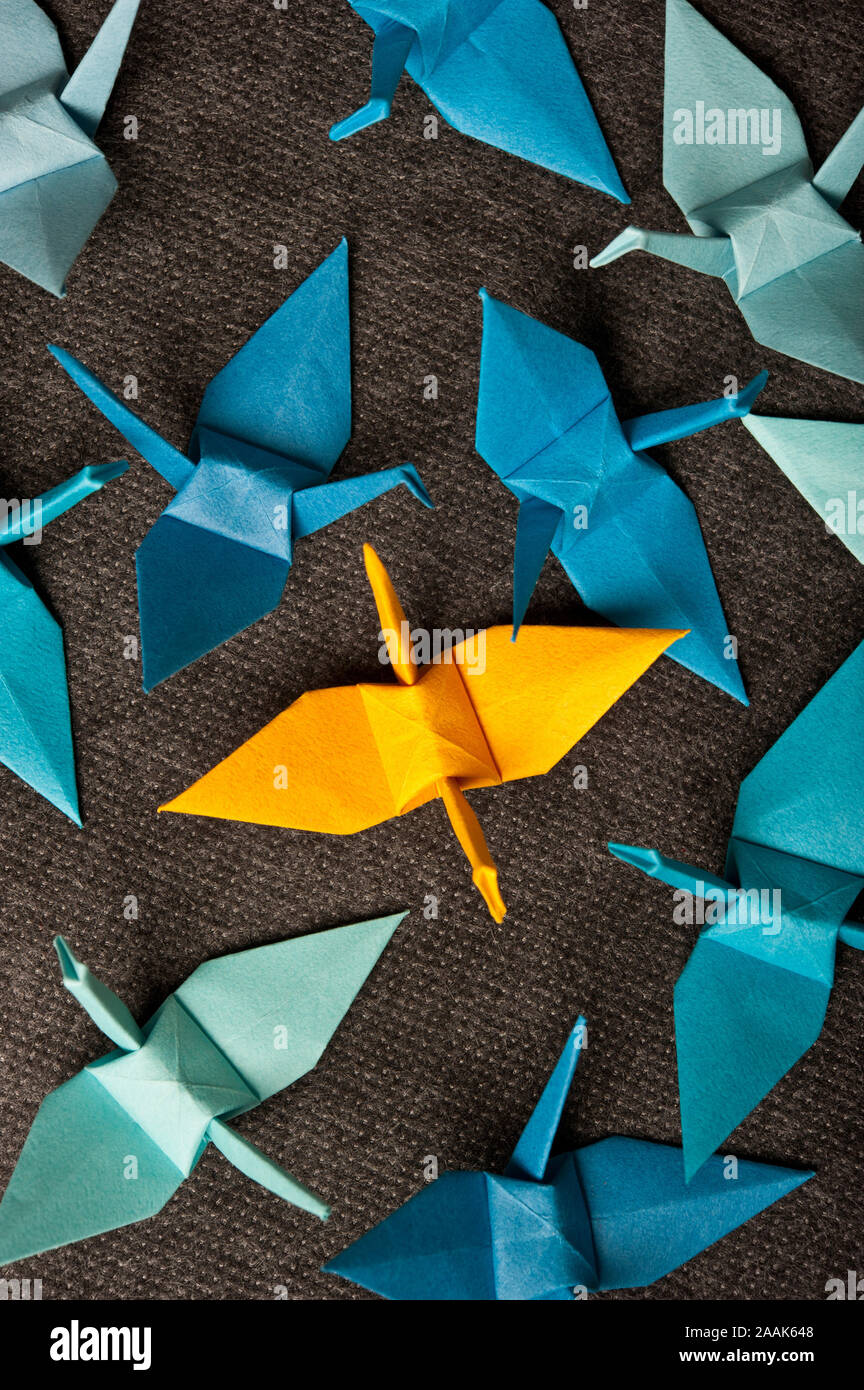 Uno giallo origami bird tra molti quelli blu, il concetto di diversità Foto Stock
