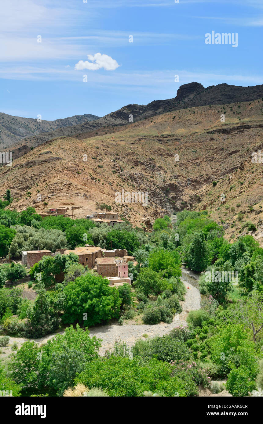 Un piccolo villaggio dal fiume, coperto con alberi di noce, in Alto Atlante mountain range. Il Marocco Foto Stock