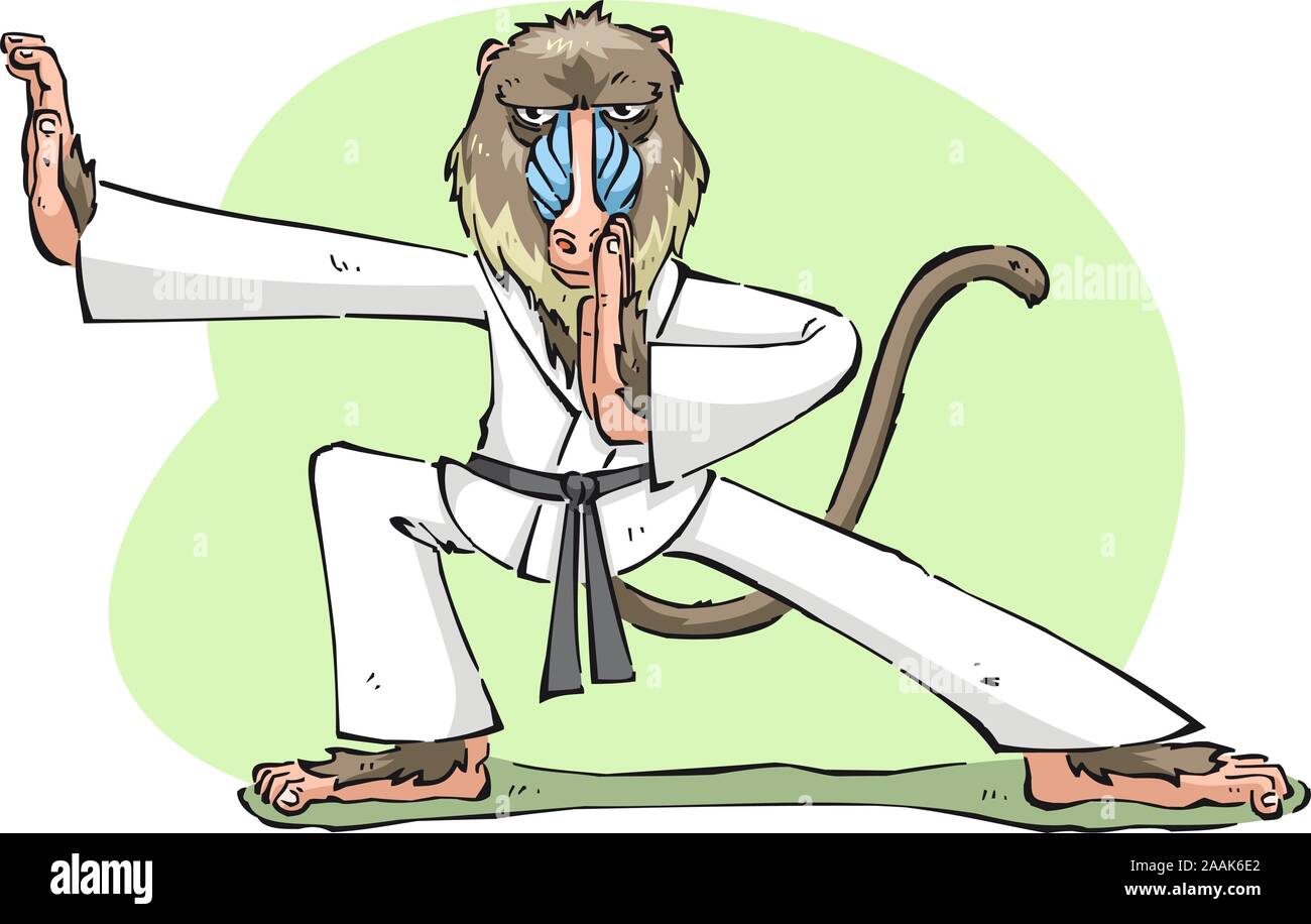 Esperto mandrill Karate monkey ape concentrato permanente pronta per la lotta contro l'artista marziale illustrazione vettoriale. Illustrazione Vettoriale