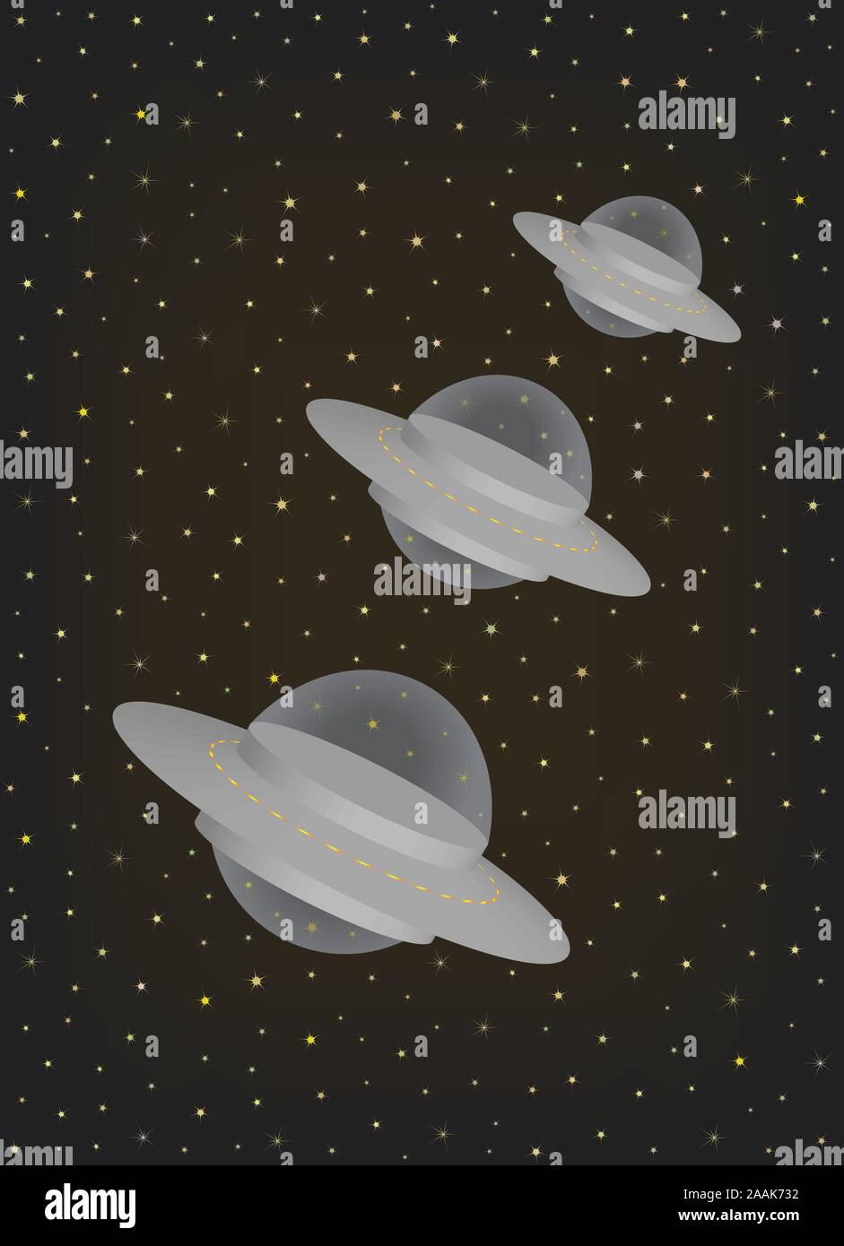 Tre alien UFO Extraterrestrial astronavi battenti in una fila attraverso lo spazio universo. Battenti piattini in bilico nel cielo notturno. Illustrazione Vettoriale