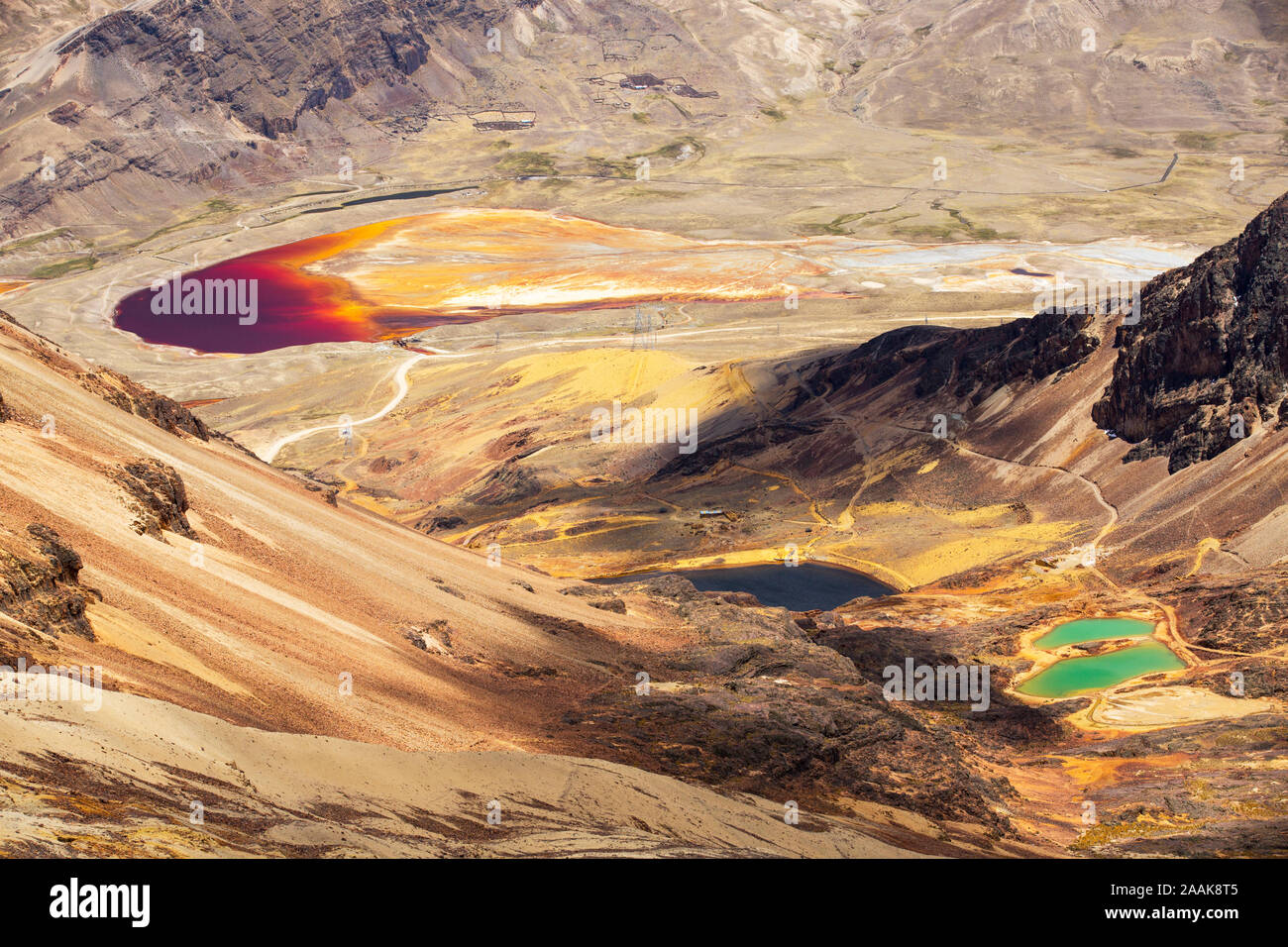 Laghi colorati al di sotto del picco di Chacaltaya stazione sulle Ande boliviane, con un serbatoio scolorite dall'effluente di miniera che è in funzione a bassa sull'acqua. Foto Stock
