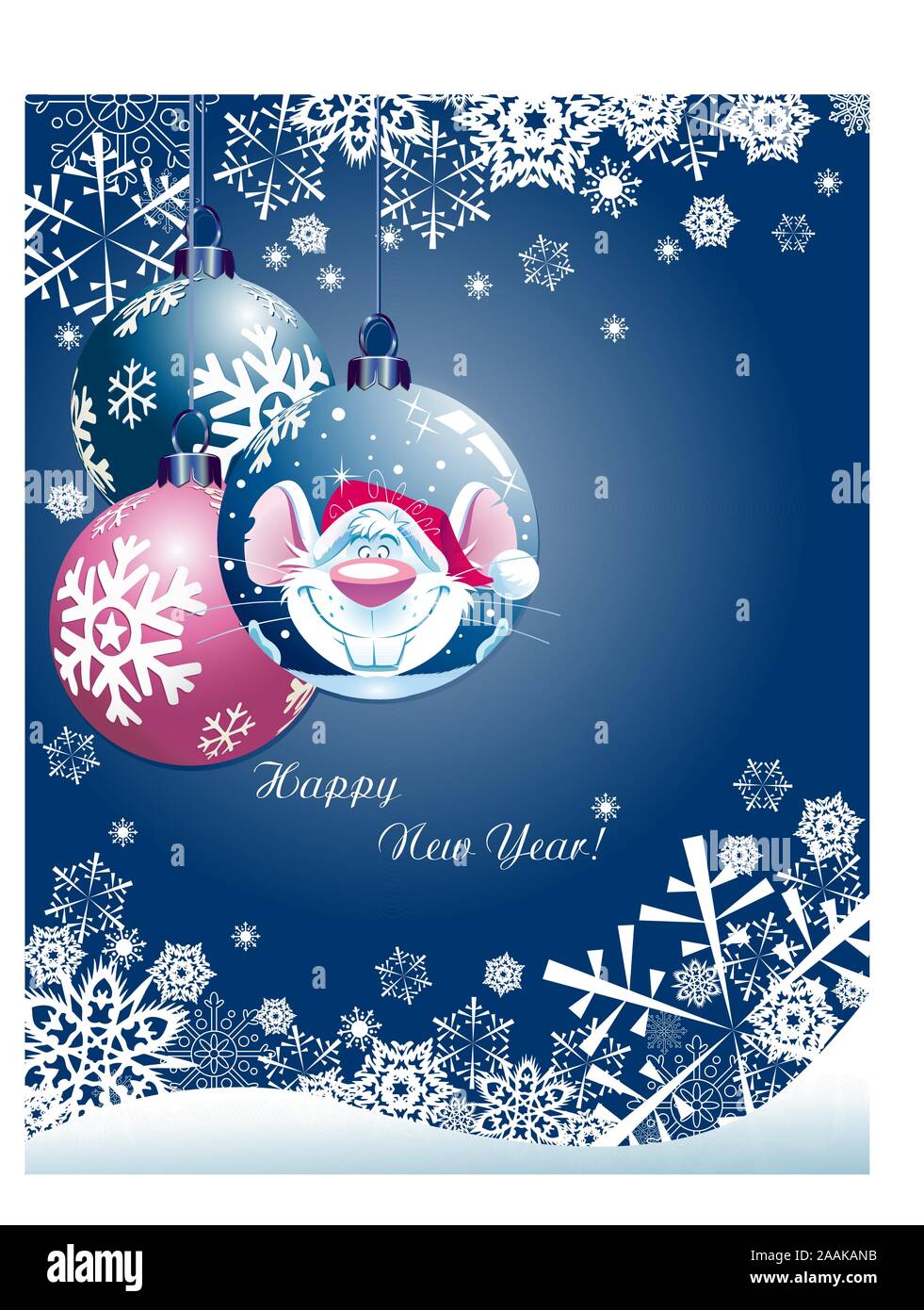 Nella illustrazione vettoriale, una festa di Natale sfondo in toni di blu, con un ratto su una palla di Natale, del simbolo cinese di anno 2020 Illustrazione Vettoriale