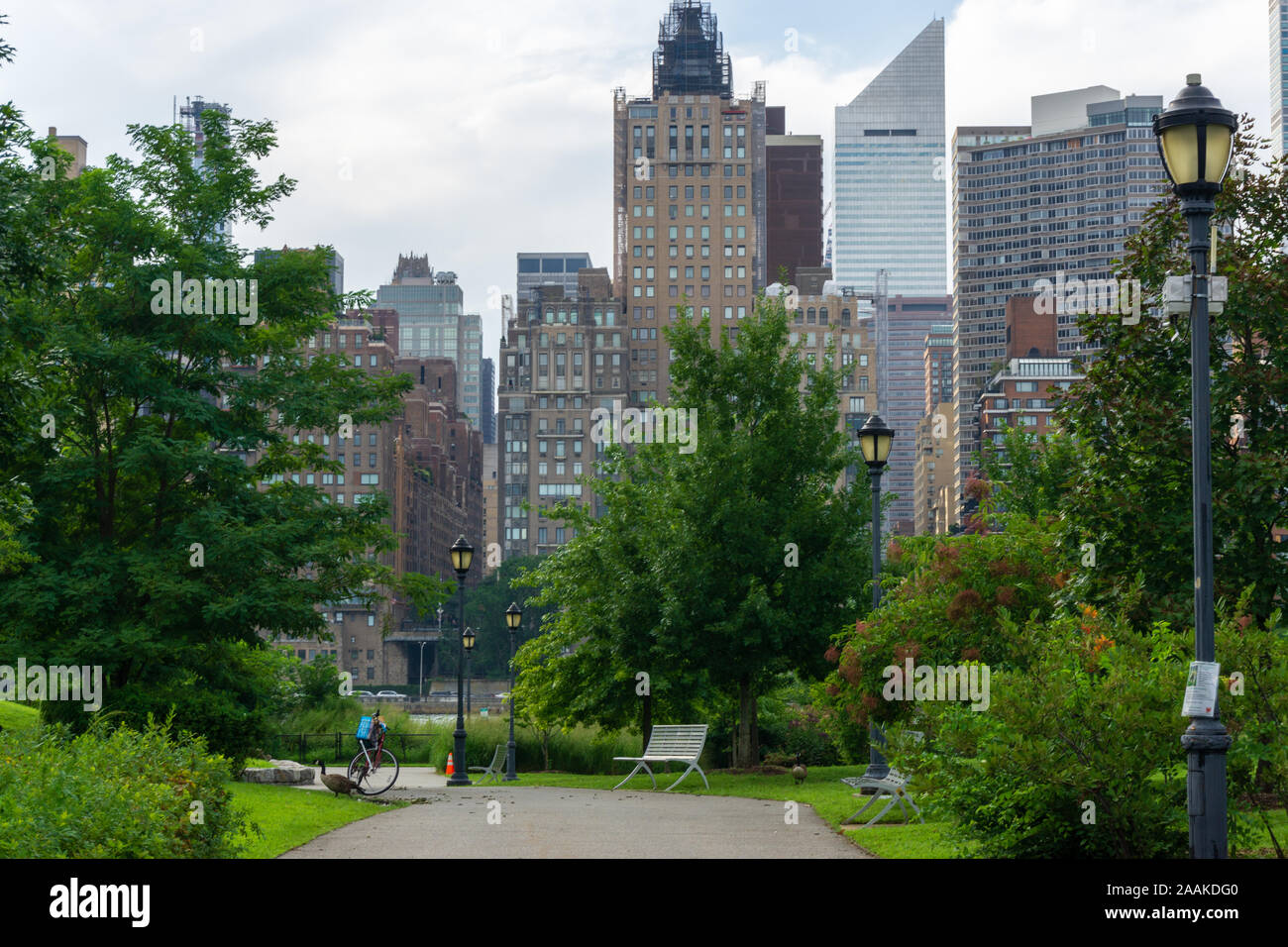 Vista da Franklin D. Roosevelt quattro libertà Park verso il Midtown Manhattan, Roosevelt Island, New York City Foto Stock