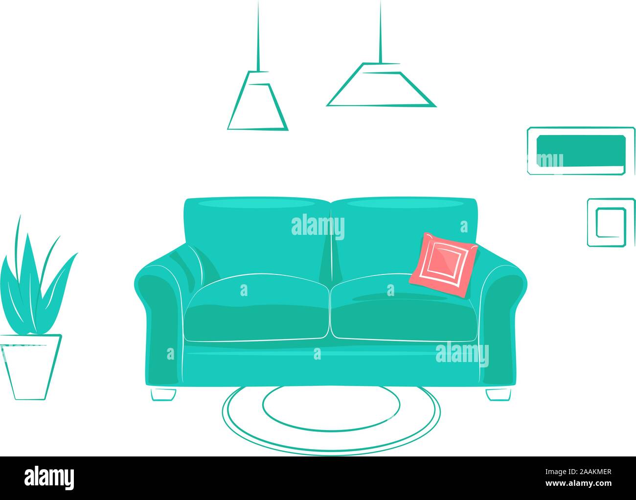 Interno comodo soggiorno in appartamento lineare design, stile alla moda. Concetto real estate web template. Verde divano scandinavo con cuscino rosso fuoco. La linea illustrazione vettoriale sfondo isolato Illustrazione Vettoriale