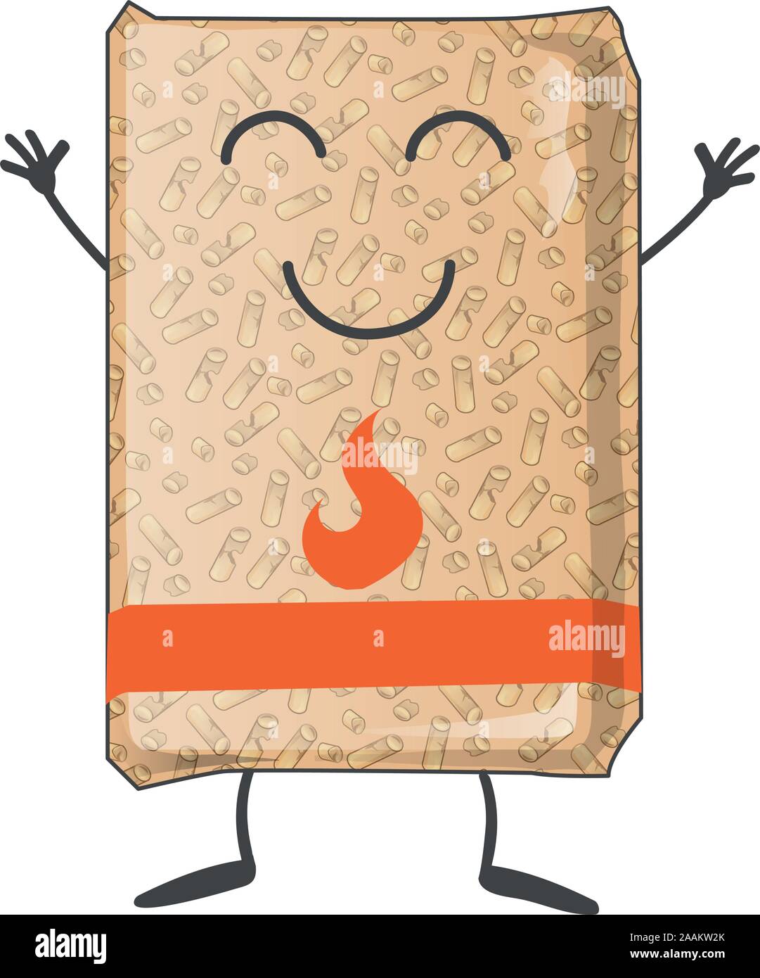 Sacchetto di pellet di legno mascotte cartoon. isoalated su bianco Illustrazione Vettoriale