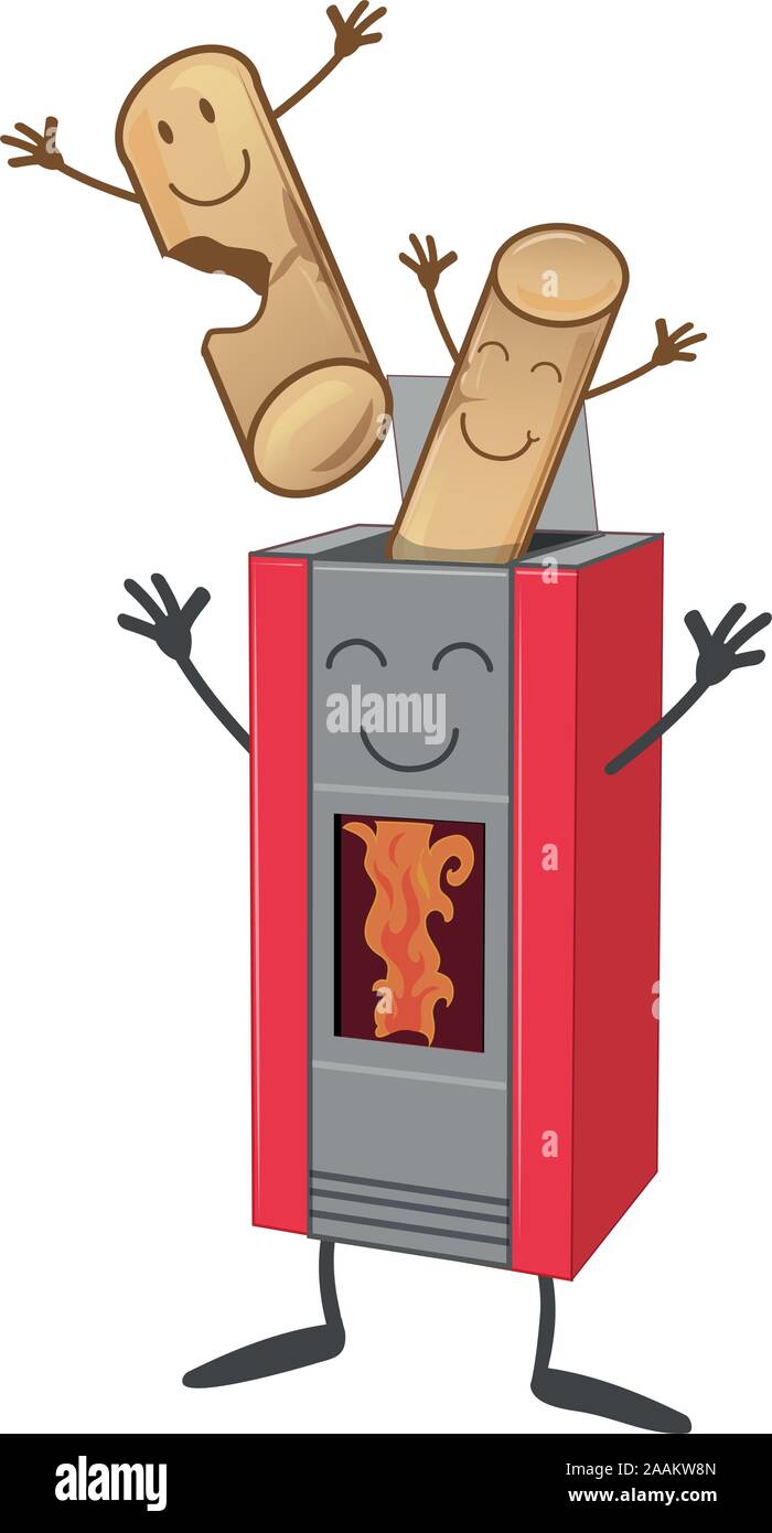 Stufa mascotte cartoon con pellet di legno mascotte Illustrazione Vettoriale