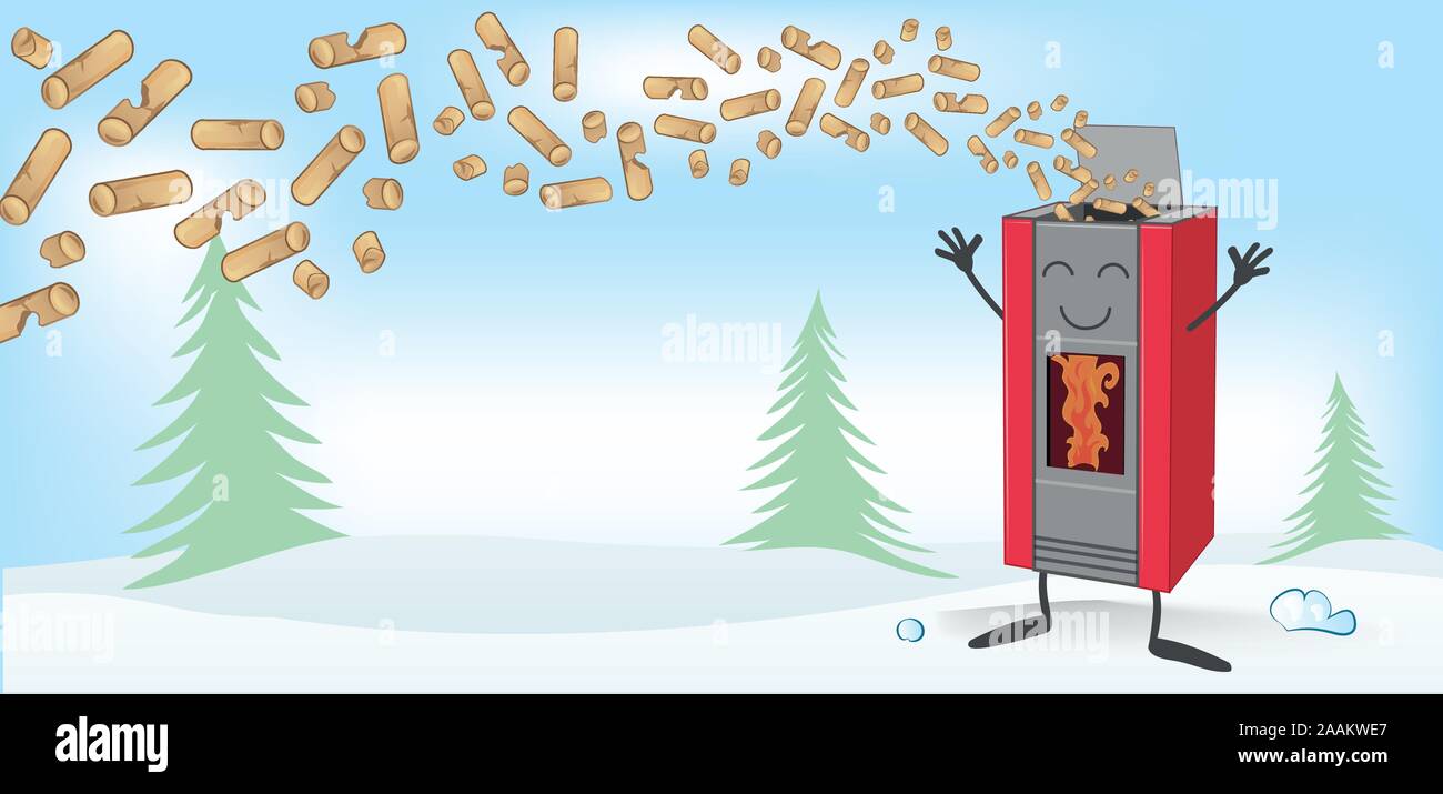 Legno Stufa pellett cartoon sul Natale sfondo banner Illustrazione Vettoriale