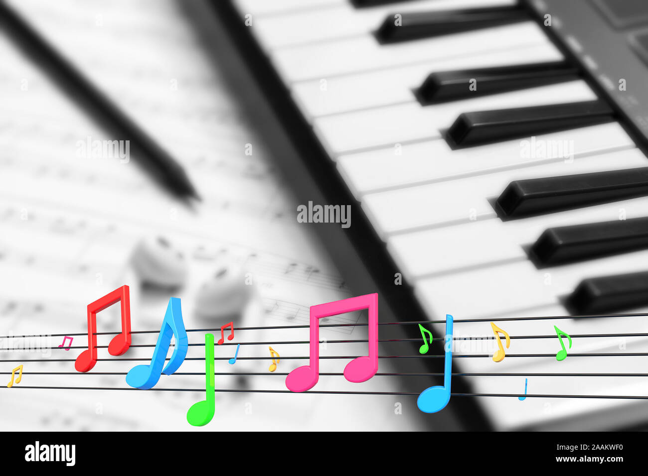 Cuffie sul sintetizzatore musicale tastiera. Cuffie sul pianoforte elettronico. Sottofondo musicale Foto Stock