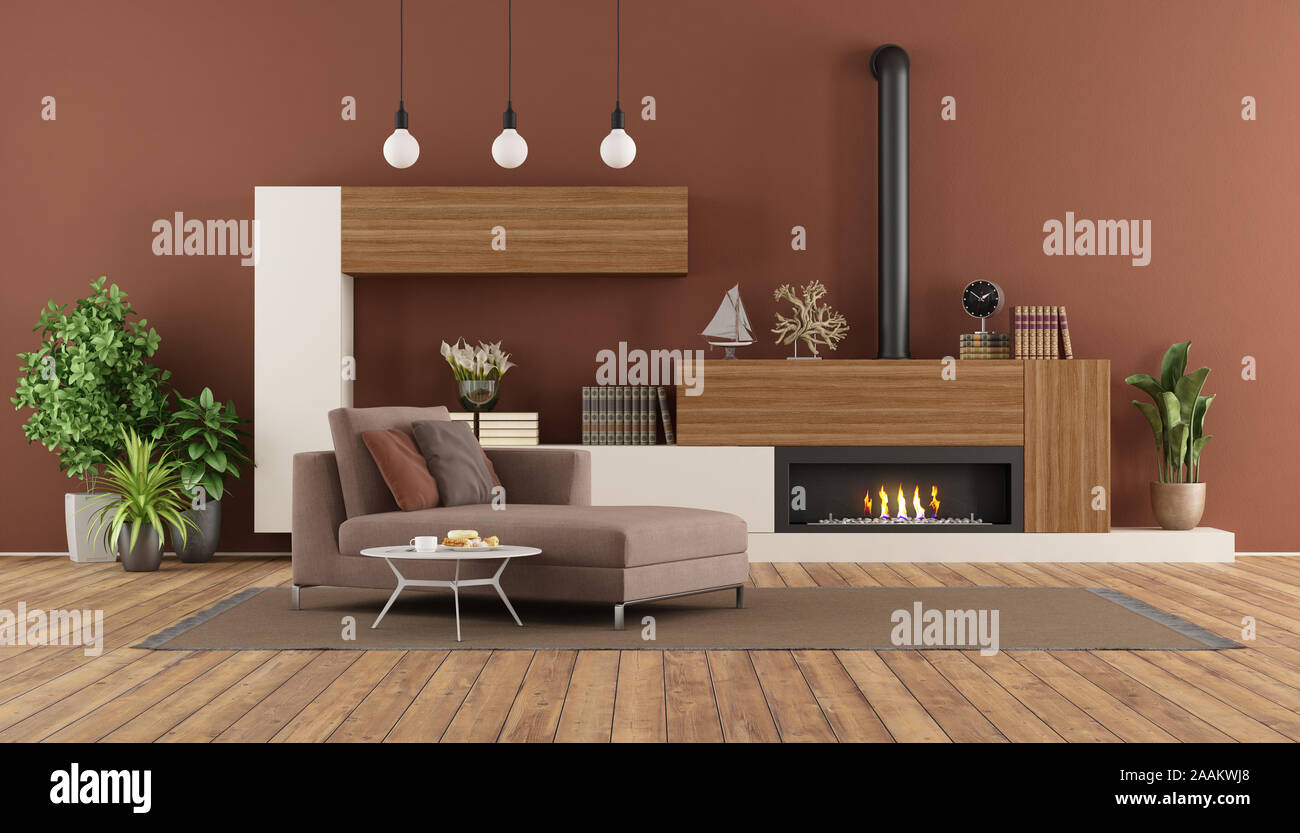 Moderno soggiorno con camino,libreria e chaise lounge - il rendering 3D Foto Stock
