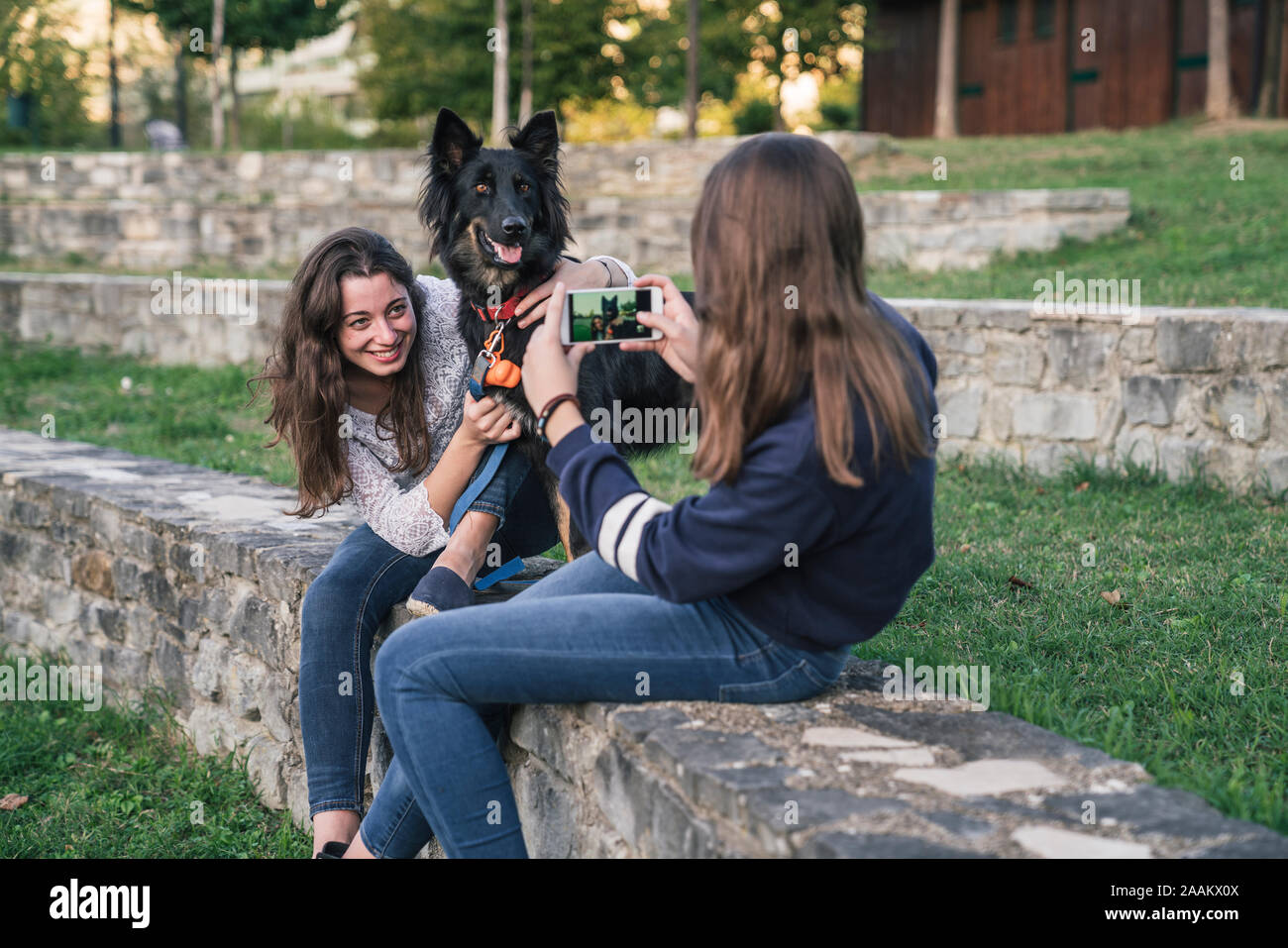 Sorelle tenendo fotografia con il cane in posizione di parcheggio Foto Stock