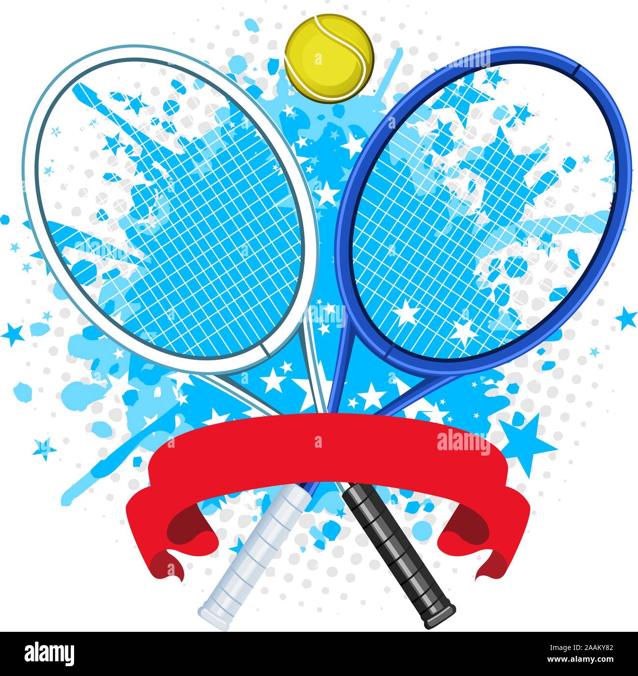 Racchetta da Tennis splash con sfera e banner rosso e forma a stella illustrazione vettoriale. Illustrazione Vettoriale