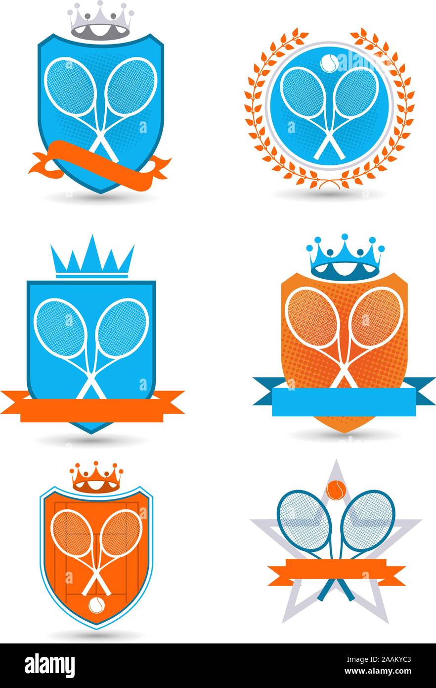 American Tennis Emblema con striscioni, corone, stelle, palline e racket illustrazione vettoriale. Illustrazione Vettoriale