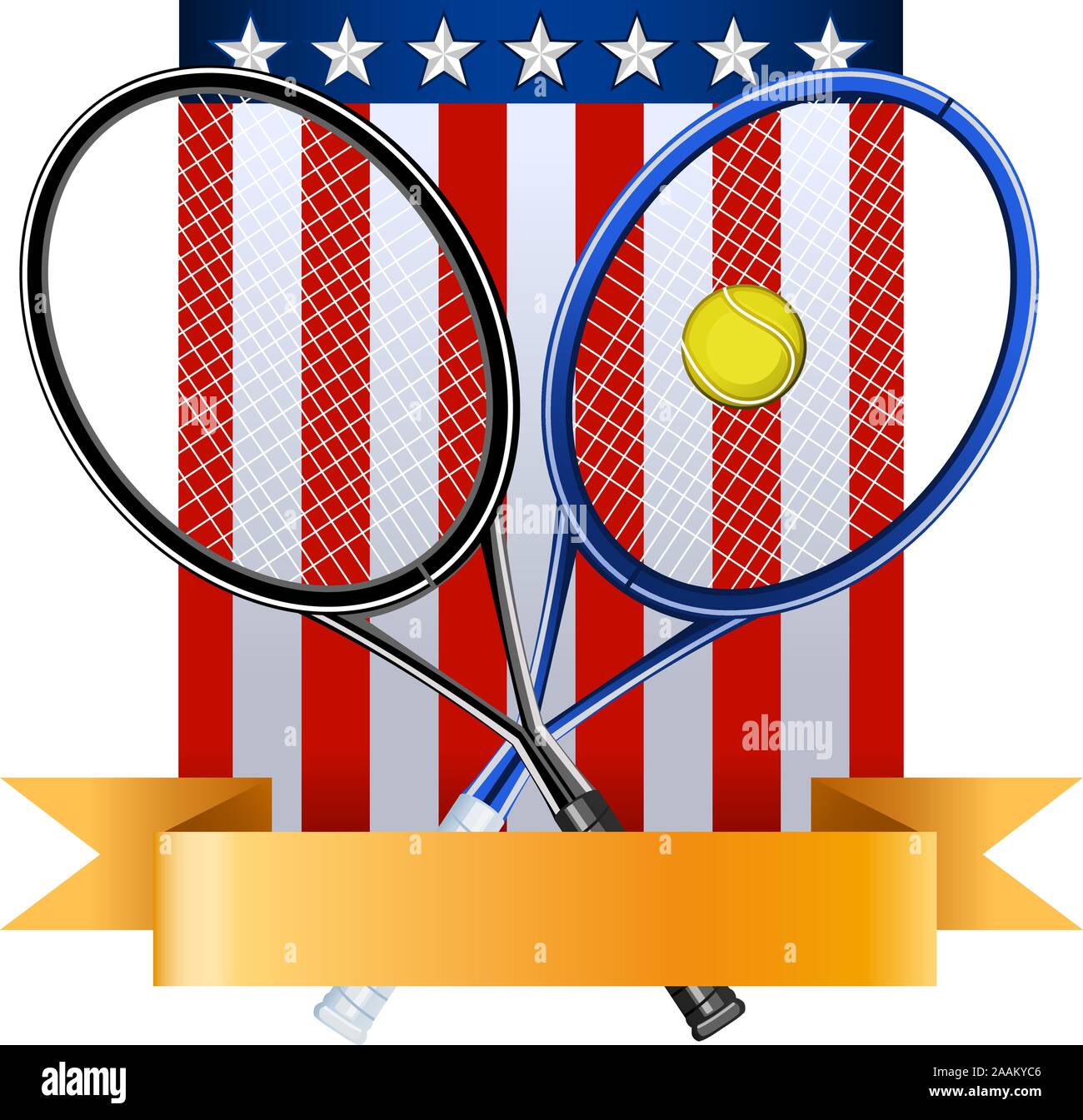 American tennis emblema con racchette palla e EEUU bandiera illustrazione vettoriale, con sette stelle e banner. Illustrazione Vettoriale