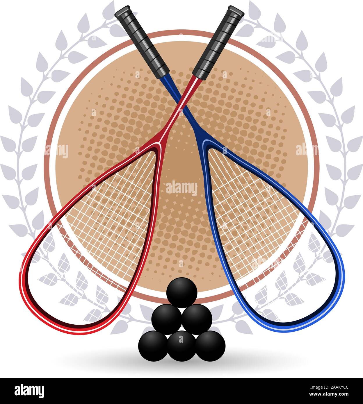 Due racchette da squash con 6 palle nere e allori illustrazione vettoriale. Illustrazione Vettoriale