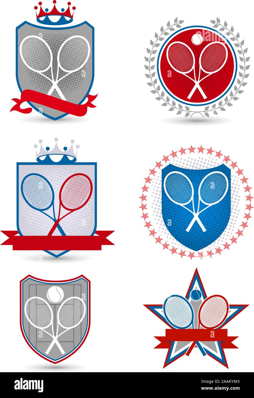 American Tennis Emblema con striscioni corone stelle sfere racket illustrazione vettoriale. Illustrazione Vettoriale