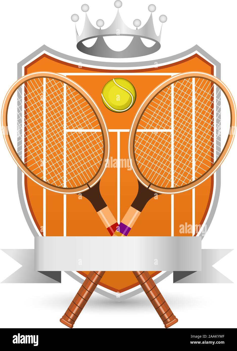 Sport Tennis campo con la racchetta e la palla argento emblema incoronato illustrazione vettoriale. Illustrazione Vettoriale