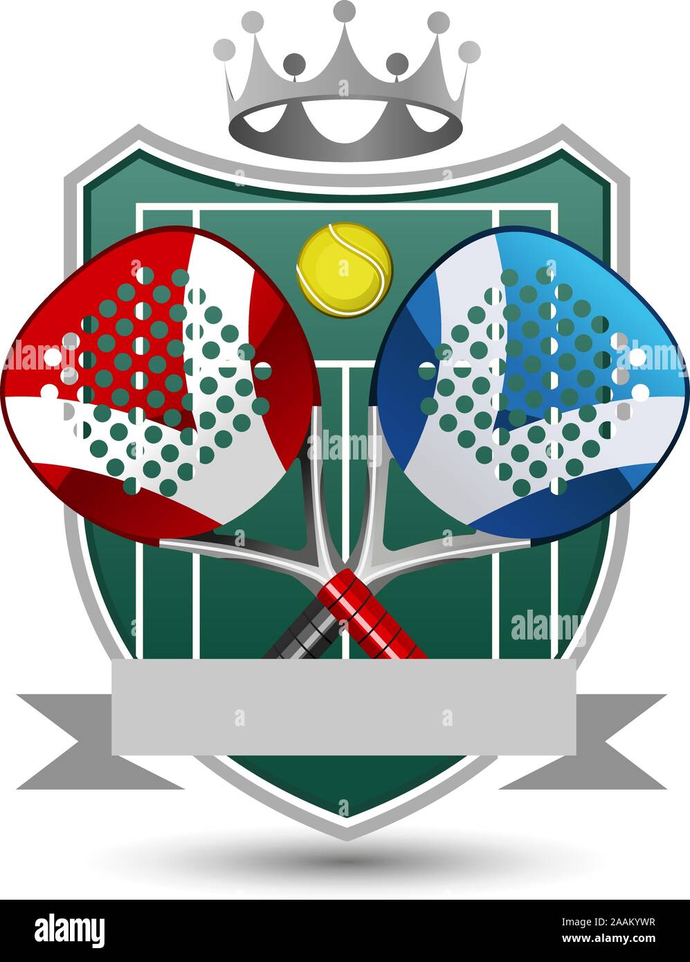 Racchetta Sport Emblema con racchette, palla, banner e corona. Illustrazione Vettoriale