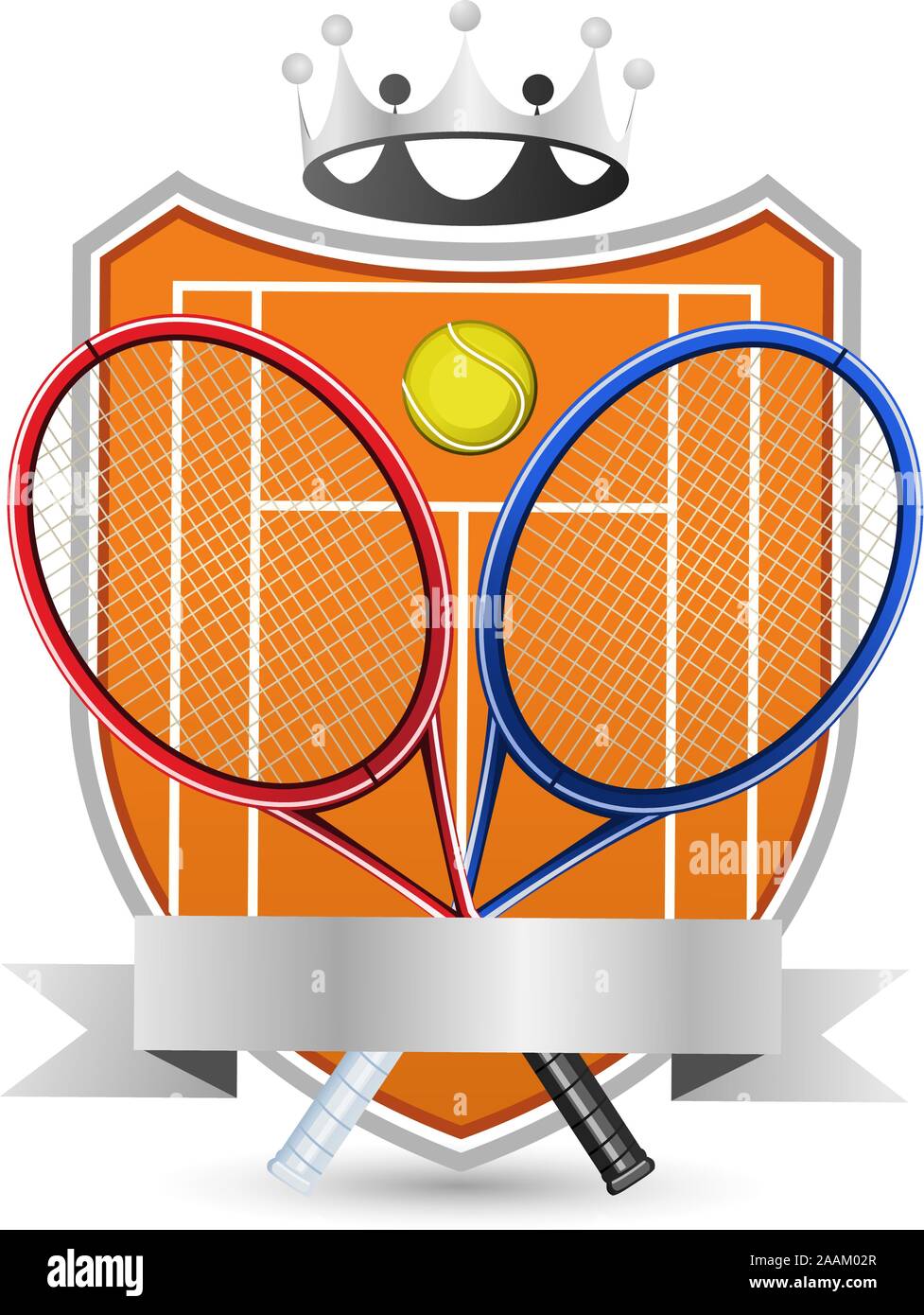 Sport Tennis campo con la racchetta e la palla incoronato emblema illustrazione vettoriale. Illustrazione Vettoriale
